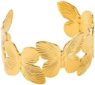 Chunky Gold Cuff Bracelets for Women Vintage Gold Butterfly Bracelet Open Wide Hammered Wrist Cuff Bangles Gold Statement Bracelet