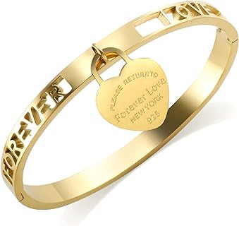 JINHUI Heart Charm Bangle Bracelet for Women, Forever Love Dangle Heart Bangle Bracelet with Charm, Silver/Rose Gold/Gold Heart Bracelet/Birthstone Bangle Gift for Her (Size 6.5")