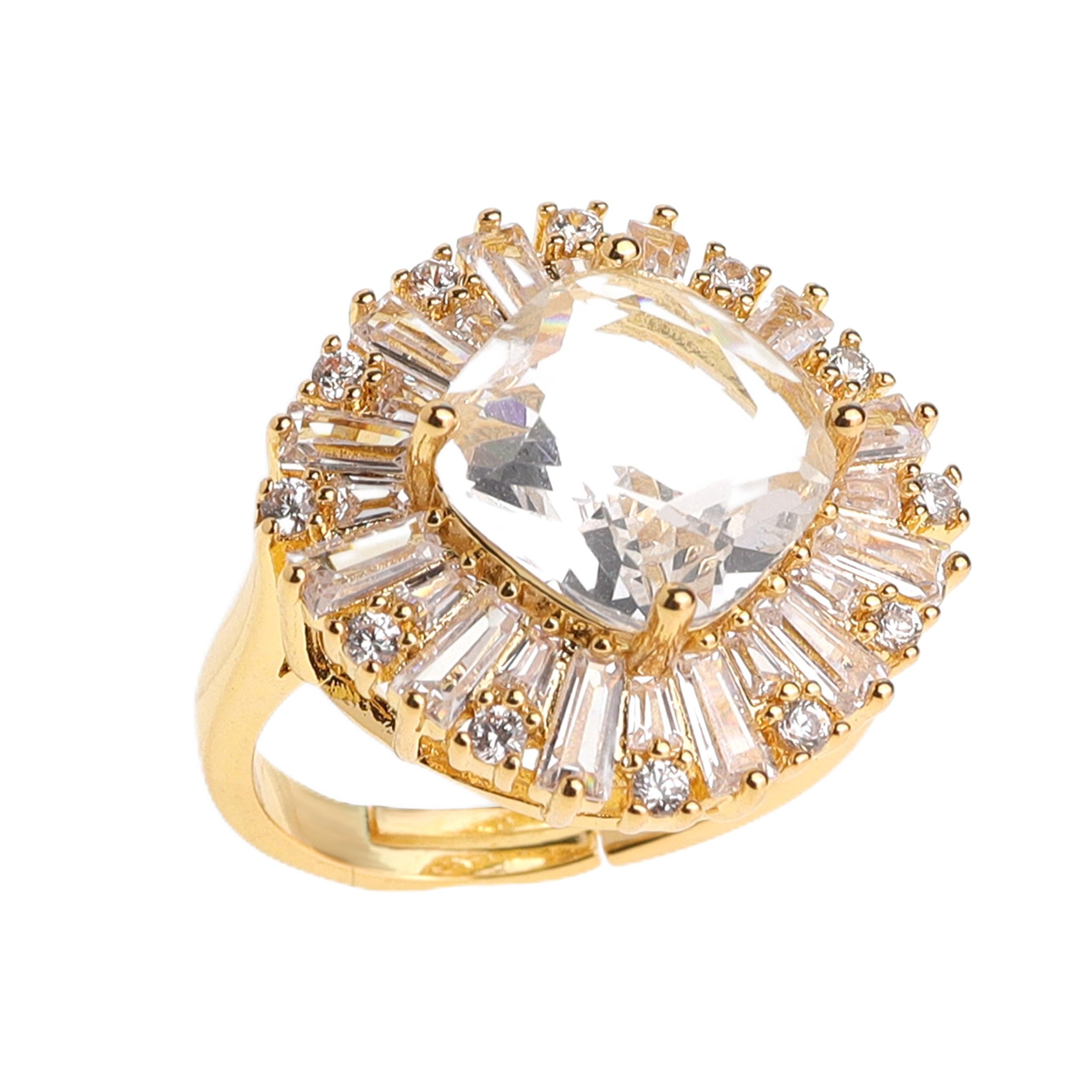 Gold Rhinestone Statement Adjustable Ring for Women Girls Large Crystal Cubic Zirconia Stacking Rings Prom Wedding Bridal Finger Jewelry Gift for Her