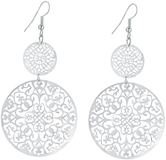 IDB Delicate Filigree Dangle Double Circle Drop Hook Earrings - available in silver and gold tones - Approx 3 1/4 inches (3.25" / 8.2 cm) length x 1 13/16 inches (1.81" / 4.6cm) wide