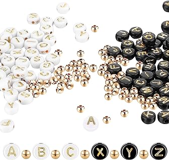 Yinkin 1500 Pieces Round Acrylic Alphabet Letter Beads White Black Round Bead Gold Letter Beads Round Gold Spacer Beads for Jewelry Making Bracelets Necklace Handmade Craft