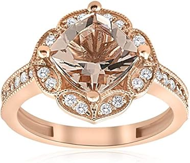 Cushion Cut Created Morganite Engagement Wedding Vintage Halo Ring for Women's 14K Rose Gold Plated 925 Sterling Silver