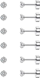 CASSIECA Cartilage Stud Earrings with Push Back Closure, Unisex, Cubic Zirconia Gem, Stainless Steel, Round Design for Casual or Formal Wear