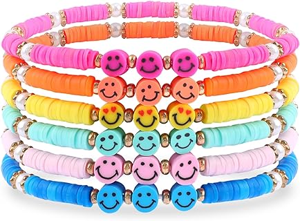 Spring Ring Clasp Colorful Smiley Face Beaded Bracelet Set - Bead Chain, Perfect for Women and Girls - Preppy, Summer Beach Style Jewelry Gift