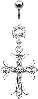 VERAMI 14G Celtic Cross Belly Button Ring in 316L Stainless Steel with Cubic Zirconia Gems - Hypoallergenic Body Piercing Jewelry