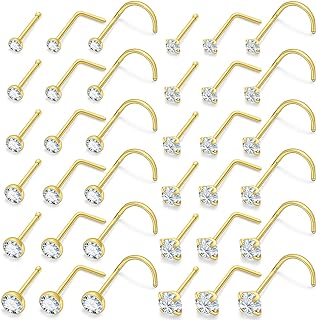 Vsnnsns 18G 20G 22G Nose Rings for Women 316L Surgical Stainless Steel L Shaped Nose Studs Screw Bone Nose Rings Piercings Diamond CZ 1.5mm 2mm 2.5mm 3mm 3.5mm 4mm Silver Gold Rose Gold 36pcs