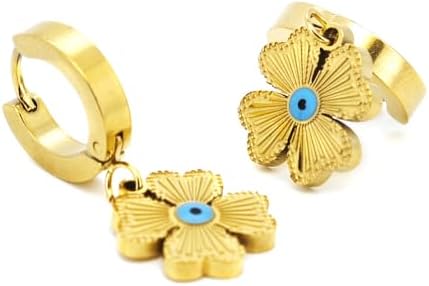 Elegant 18K Gold Plated Evil Eye Clover Hoop Earrings for Women - Lightweight, Hypoallergenic Yellow Gold Dangle Drop Earrings - Stylish, Trendy Fashion Jewelry Gift for Girls