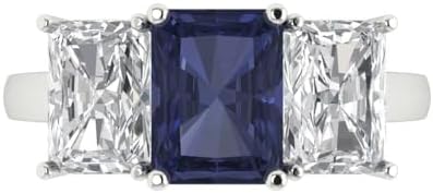 Clara Pucci 4.0 ct Emerald Cut 3 Stone Solitaire Simulated Blue Sapphire Engagement Promise Anniversary Bridal Ring 18K White Gold