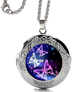 Silver Tone Beautiful Blue and Purple Butterfly Locket Pendant Necklace with 24" Stainless Steel Chain