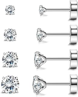 MJust Titanium Earrings for Sensitive Ears Hypoallergenic 20G Titanium Flat Back Earrings Rainbow AB Cubic Zirconia Nap Pure Titanium Cartilage Earrings for Women Men