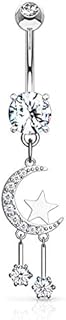 Celestial Charm Crescent Moon & Star Belly Button Ring with Cubic Zirconia, Dangle Stainless Steel Navel Piercing Jewelry