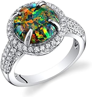 PEORA Created Black Fire Opal Ring for Women in Sterling Silver, Victorian Vintage Design, 1.25 Carats Round Cabochon, Comfort Fit, Sizes 5 to 9