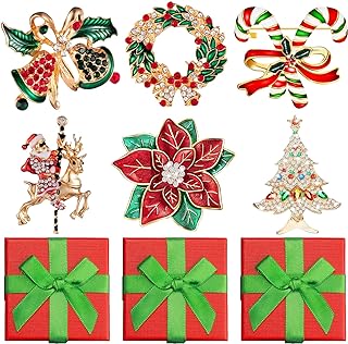 6 Pack Christmas Brooch and Pins with Gift Box Vintage Pins Gift for Women Rhinestone Crystal Xmas Tree Candy Bell Garland Santa Claus Christmas Jewelry Gifts for Girl Women