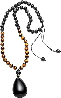 Jewever Black Obsidian Drop Pendant Necklaces for Women Tiger Eye with Lava Stone Chain Crystal Essential Oil Diffuser Long Necklace Healing Crystals