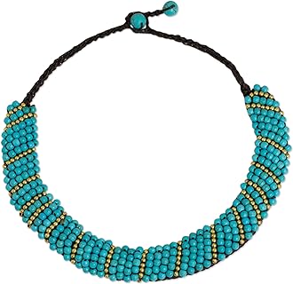 Handmade NOVICA Brass Beaded Choker with Ball Chain and Blue Calcite Gems, 'Blue Thai Smile' Design, Artisan Crafted in Thailand