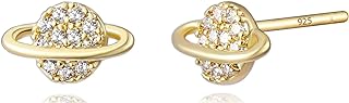 14K Gold-Plated-Brass Planet Stud Earrings with Dazzling Zircon Saturn Design and Secure Push Back Mechanism for Women and Girls