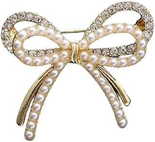 songbowen Bow Knot Brooch Rhinestones Pearl Bow Lapel Pin Alloy Pearl Brooch Satin Ribbon Bow Badge Women's Dress Shawl Sweater Decoration