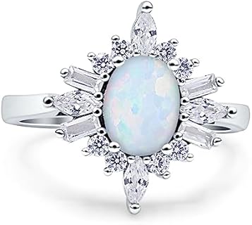 Art Deco Vintage Style Halo Oval Anniversary Engagement Ring Marquise Baguette Round Simulated Cubic Zirconia Stones 925 Sterling Silver