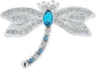 Dragonfly Firefly Brooch Pin For Women Blue CZ Simulated Sapphire Cubic Zirconia Garden Insect Motif Rhodium Plated Brass