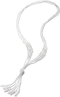 COOLSTEELANDBEYOND Boho Chic Lariat Necklace Tassel Pendant White Crystal Bead Three-Strand Long Chain Y-Shape