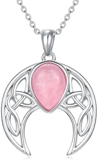 Rose Quartz Moon Necklace for Women, 925 Sterling Silver Celtic Crescent Moon Pendant Necklace Crystal Jewelry Gift