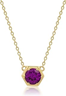 Nicole Miller Round Birthstone Pendant in 14k Yellow Gold Plated or 925 Sterling Silver Necklace for Women – 18 Inch Chain with Hexagon Gemstone Pendant Necklace Fine Jewelry