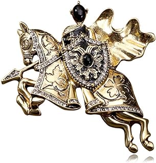 Gold Antique Knights Templar Brooch Pin for Women Men Unisex Rhinestone Crusaders Solomon's Temple Shield War-horse Lucky Clover Leaf Engraved Vintage Dress Suit Accessories Jewelry Gift Souvenir