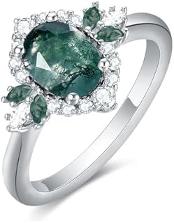 1.5 Carat Oval Natural Moss Agate Engagement Ring Round Cubic Zirconia Halo Rings Platinum Plated Sterling Silver Vintage Rings for Women Cluster Marquise Moss Agate Wedding Ring Set Unique Green Birth Stone Promise Ring for Her