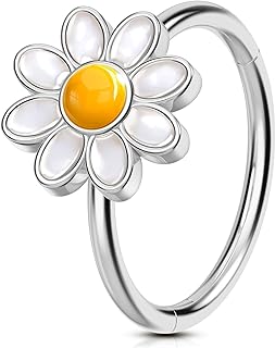 Cute Stainless Steel Daisy Nose Rings, Hinged Hoop Piercing Jewelry for Women and Men, Suitable for Nose, Lip and Ear, 316L Surgical Steel – OUFER
