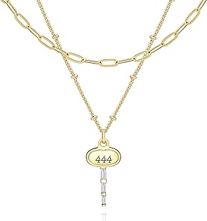 Lobster-Claw Clasp Cubic Zirconia Adorned Yellow Gold-Plated Brass Necklace with Cable Chain for Women, Angel Number & Key Design