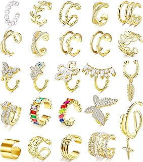 Clip-On Cubic Zirconia Decorated Zinc Ear Cuffs for Women - Versatile & Adjustable Gold Cartilage/Helix Wrap Design by JeryWe - 24 Pcs Set
