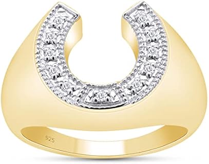 SAVEARTH DIAMONDS 1/10 Carat Round Cut Lab Created Moissanite Diamond Horseshoe Statement Ring In 14K Gold Plated 925 Sterling Silver Jewelry For Men (G-H Color, 0.10 Cttw)