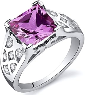 PEORA Created Pink Sapphire Ring for Women in Sterling Silver, Vintage Lattice Design, Princess Cut 3.25 Carats total, Comfort Fit, Sizes 5 to 9