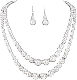 Unicra 1920s Gatsby Pearl Jewelry Set Vintage Crystal Bride Necklace Earrings Set Silver Pearl Multilayer Bridal Necklace Jewelry Accessories for Women and Girls