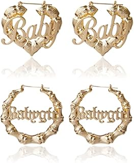 Women's Large 90s-Inspired Bamboo Hoop Earrings Set with Push-Back Closure - Fashionable Hip Hop & Heart Round Designs, Crafted from Durable Alloy Steel