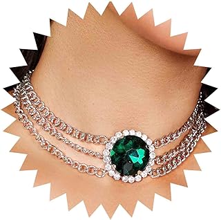 Vintage Layered Emerald Choker Necklace Silver Short Multi Chain Necklace Oval Emerald Crystal Necklace Green Emerald Necklace Chain Jewelry for Women and Girls