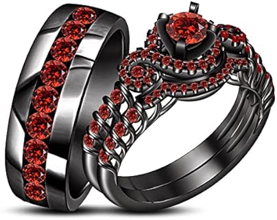 14K Black Gold Plated Sterling Silver Created-Red Garnet Trio Bridal Set Engagement Rings for Men and Women, Classic Modern Design