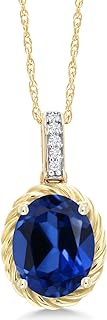 Elegant Oval Pendant Necklace in 10K Yellow Gold with Blue Created Sapphire and White Diamond for Women, featuring Rope Chain and Spring Ring Clasp
