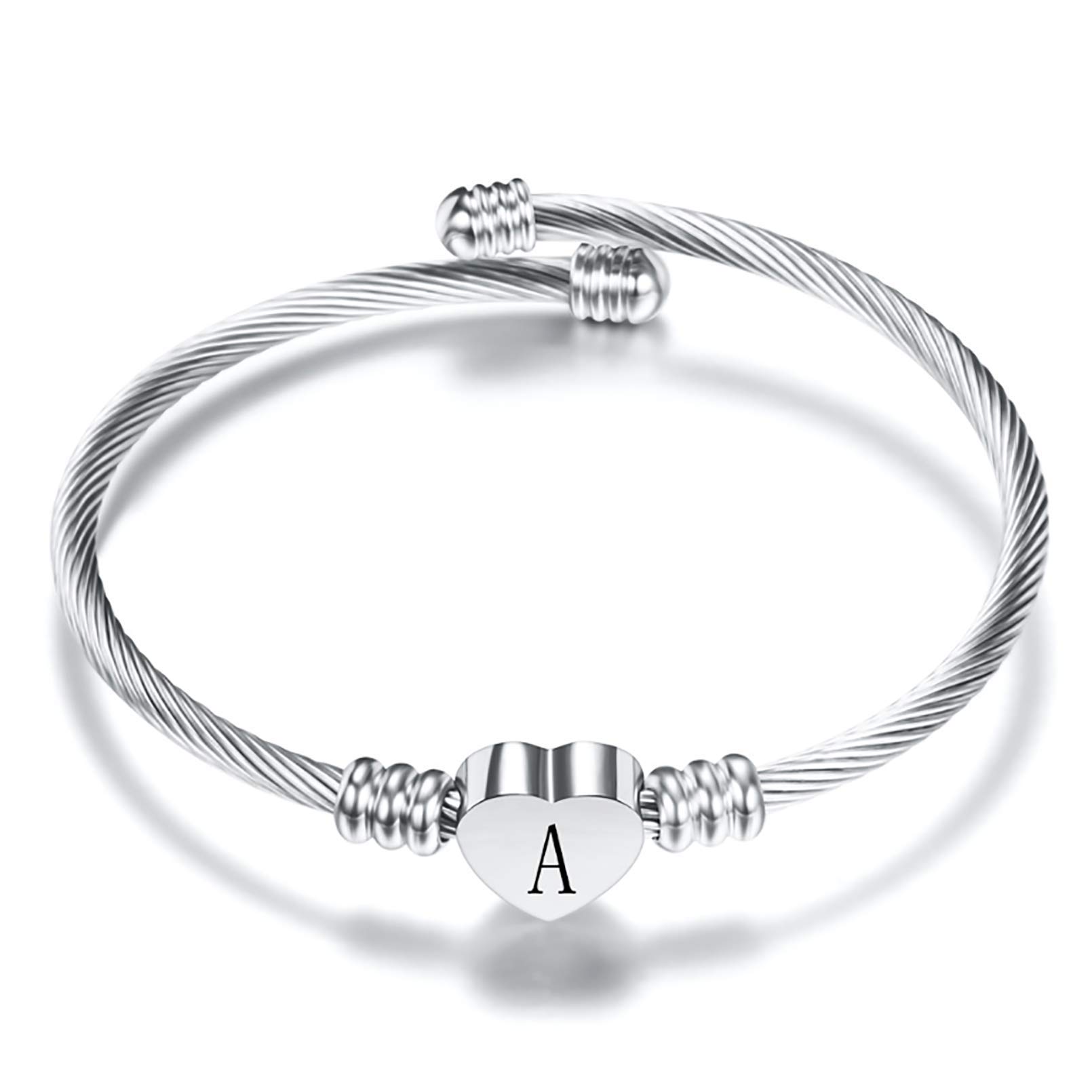 Women Girls Initial Heart A-Z Letter Cuff Bracelet Personalized Name Expandable Wristband Bangle Bracelets Stainless Steel Birthday Jewelry