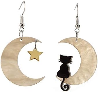 French Wire Clasp, Black Cat on Moon Dangle Earrings - Acrylic & Alloy - For Women and Girls - Animal Shaped Jewelry