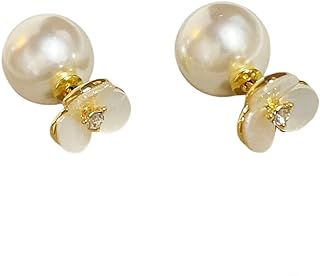 Double-sided Pearl Stud Earrings with Cubic Zirconia and Push Back Design – Hypoallergenic 925 Sterling Silver and Gold-Plated for Women and Girls