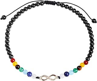 No-Clasp Black Obsidian & Agate Beaded Chains 7 Chakra Infinity Anklet for Women with Healing Energies & Infinity Design