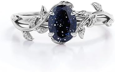 Blue Sandstone Ring for Women, 925 Sterling Silver Galaxy Blue Sandstone Promise Ring, Dainty Vintage Wedding Ring, Unique Engagement Ring for Her-Oval
