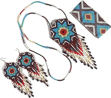 Medallion Beaded Necklace – Boho Native Handmade Seed Bead Tassel Necklace, Bohemian Large Statement Beaded Necklace for Women and Girls With Matching Elastic Bracelet