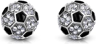 Small Crystal Embellished Soccer Ball Stud Earrings Silver Tone Girls, Teens, Women