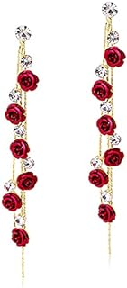 ANDPAI Unique Chic Long Tassel Chain Red Purple Rose Flower Dangle Drop Stud Earrings with White Sparkly Crystal for Women Girls Statement Jewelry Gifts