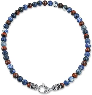 Bali Style Gemstone Blue Sodalite Brown Tiger Eye Ball Bead Strand Necklace For Men Women Stainless Steel Hook Clasp