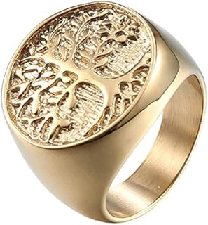 Men's Gold Plated Vintage-Inspired Tree of Life Signet Ring with Stainless Steel Round Top Design