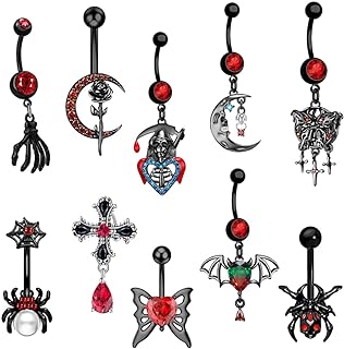 10 Pcs Goth Spider Skull Dragon Bat Dangle Belly Button Rings Alloy Curved Barbell Navel Rings Detailed Belly Button Piercing Body Jewelry