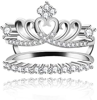 Uloveido Platinum Plated Princess Crown Women's Engagement Ring with Cubic Zirconia Accents, Adjustable Fit for Various Shapes & Designs Y480